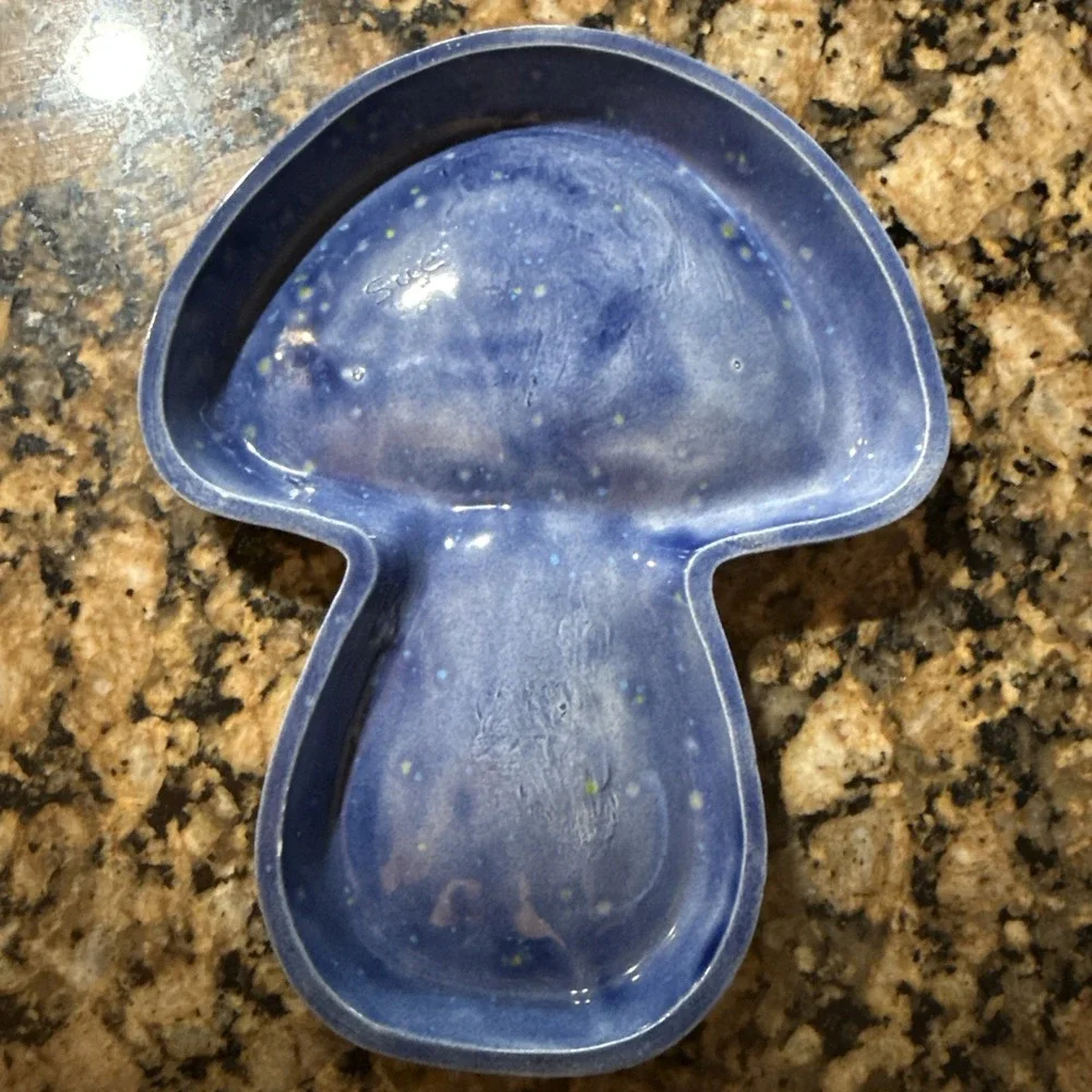 Vtg Ceramic Mushroom Blue Green Speckled Spoon Rest 7 3/4